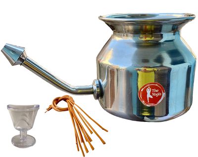 The Yogis 304 Grade Stainless Steel Ayurvedic Jal Neti Pot for Sinus Congestion and Nasal Cleansing Steel Jal Neti Pot for Nasal Wash | Size: 500mL | With - 1 Rubber Neti and 1 Eye Wash Cup