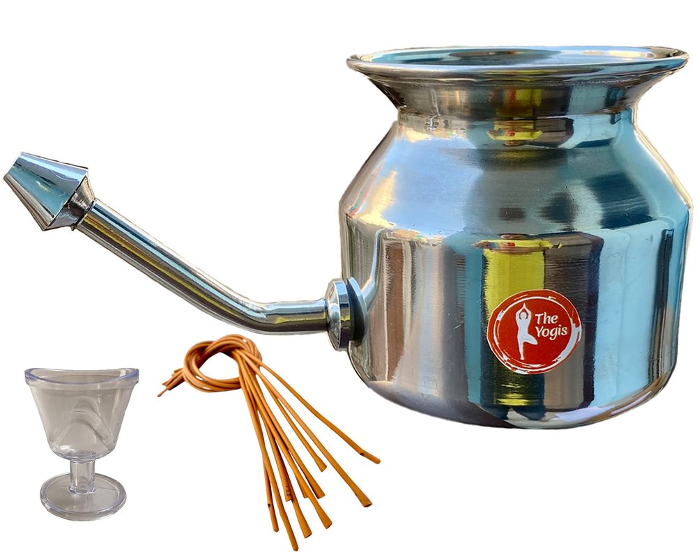 The Yogis 304 Grade Stainless Steel Ayurvedic Jal Neti Pot for Sinus Congestion and Nasal Cleansing Steel Jal Neti Pot for Nasal Wash | Size: 500mL | With - 1 Rubber Neti and 1 Eye Wash Cup
