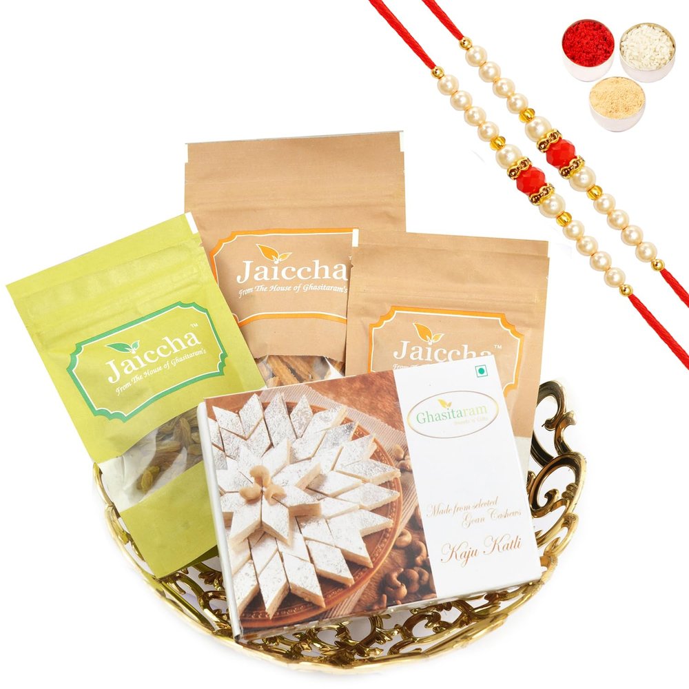 Ghasitaram Gifts Rakhi Gifts/ Rakhi Sweets - Gold Carved Basket of Almonds, Raisins, Butter Chakli and Kaju Katlis with 2 Pearl Beads Rakhis