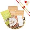 Ghasitaram Gifts Rakhi Gifts/ Rakhi Sweets - Gold Carved Basket of Almonds, Raisins, Butter Chakli and Kaju Katlis with 2 Pearl Beads Rakhis view 1