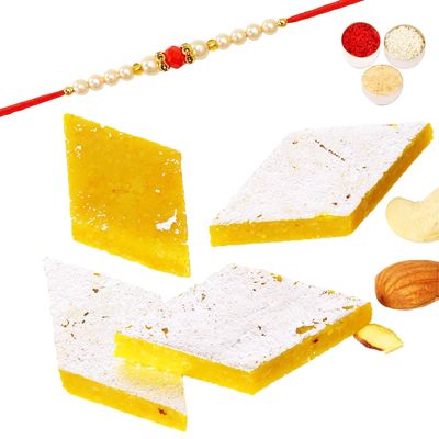 Ghasitaram Gifts Rakhi Gifts for Brothers Rakhi Sweets - Pure KESARI KAJU KATLI (800 GMS) with Beads Rakhi