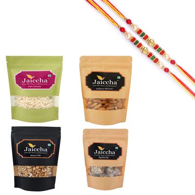 Ghasitaram Gifts Rakhi Gifts/ Rakhi Sweets - Healthy Hamper Sugarfree Anjeer Bites; Wheat Puffs, Diet Chiwda and Almonds Pouch with 2 Pearl Beads Rakhis