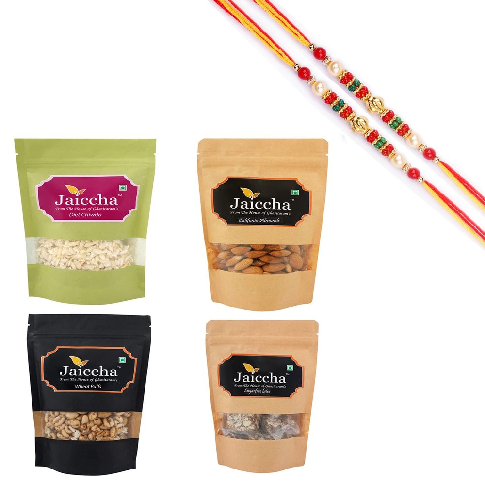 Ghasitaram Gifts Rakhi Gifts/ Rakhi Sweets - Healthy Hamper Sugarfree Anjeer Bites; Wheat Puffs, Diet Chiwda and Almonds Pouch with 2 Pearl Beads Rakhis