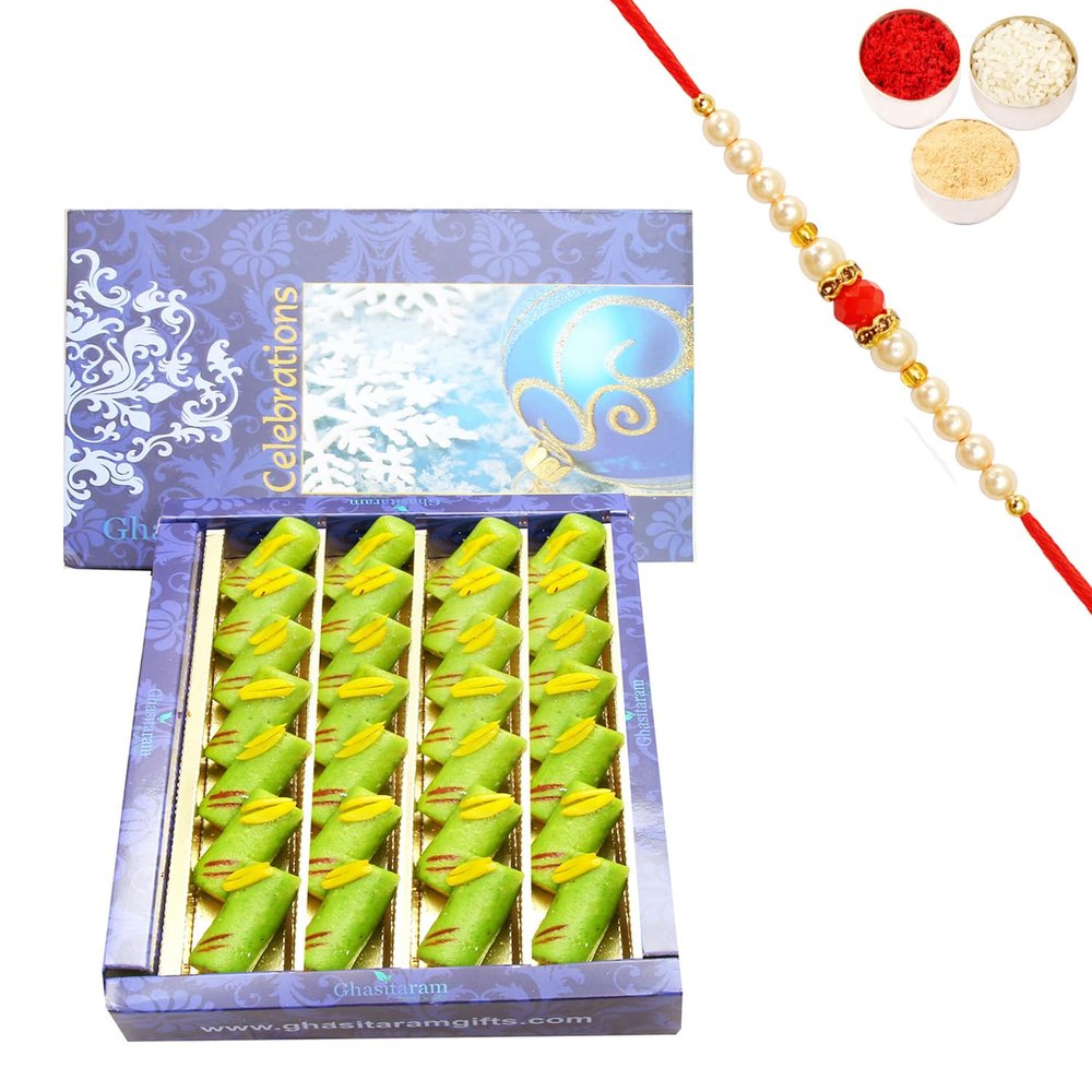 Ghasitaram Gifts Rakhi Gifts for Brothers Rakhi Sweets - KAJU Pista ROLL (800 GMS) with Beads Rakhi