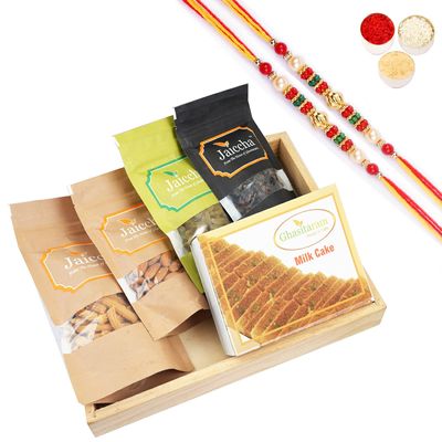 Ghasitaram Gifts Rakhi Gifts/ Rakhi Sweets - Light Wood Tray of Almonds, Raisins, Butter Chakli Banarsi Flavoured and Milk Cake with 2 Pearl Beads Rakhis