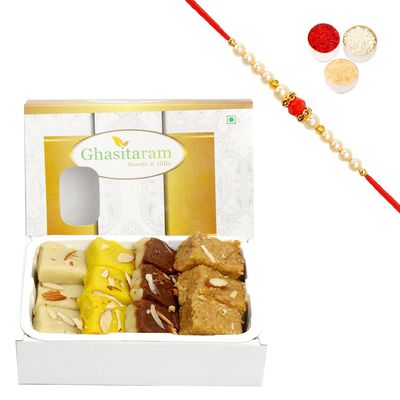 Ghasitaram Gifts Rakhi Gifts for Brothers Rakhi Sweets - Assorted Mawa Barfis (200 GMS) with Beads Rakhi