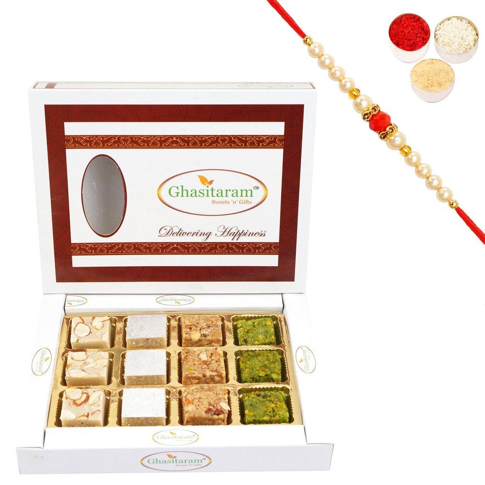 Ghasitaram Gifts Rakhi Gifts for Brothers Rakhi Sweets - Assortment of Pure Kaju Badam Pista and Walnut Barfis 12 pcs with Beads Rakhi