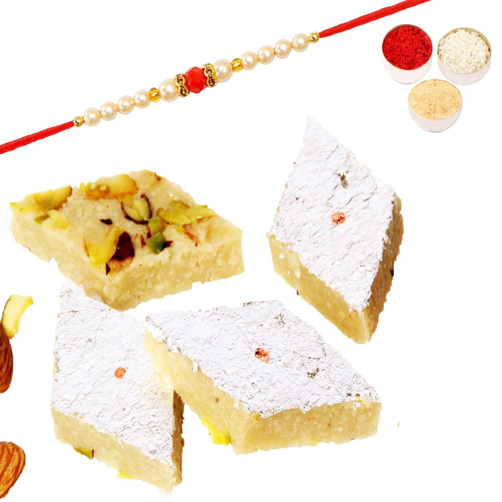 Ghasitaram Gifts Rakhi Gifts for Brothers Rakhi Sweets - Pure BADAM KATLI 400 GMS with Beads Rakhi