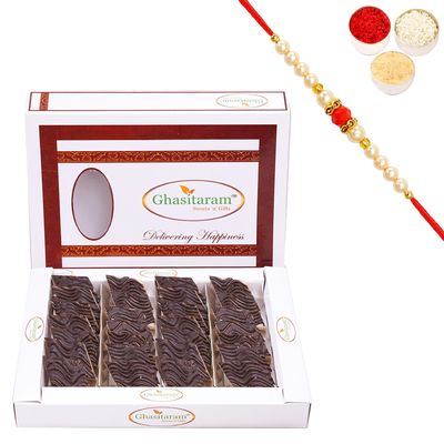 Ghasitaram Gifts Rakhi Gifts for Brothers Rakhi Sweets - Chocolate Coated Kaju Katlis 400 GMS with Beads Rakhi