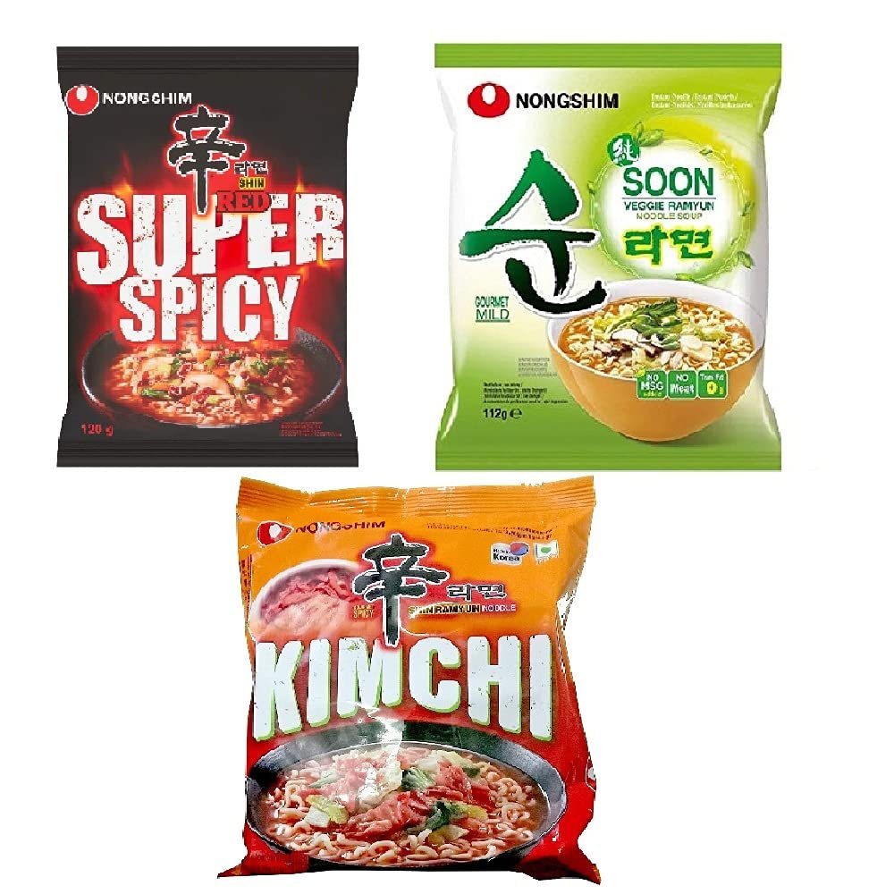 Nong shim Red Super Spicy ,Veggie Noodles & Kimchi Instant Noodles 120gm*3Pack (Pack of 3)