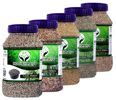 HDC Siridhanya Unpolished positive Natural millets Buchhi method prepared Combo Pack of 5 (Each five millets Foxtail, Kodo, Barnnyard, Little & Browntop Gwt.500 grams in Jar) origin from south india