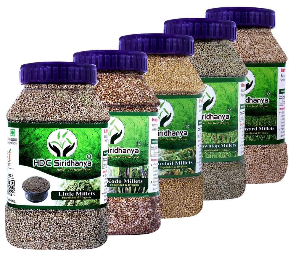 HDC Siridhanya Unpolished positive Natural millets Buchhi method prepared Combo Pack of 5 (Each five millets Foxtail, Kodo, Barnnyard, Little & Browntop Gwt.500 grams in Jar) origin from south india