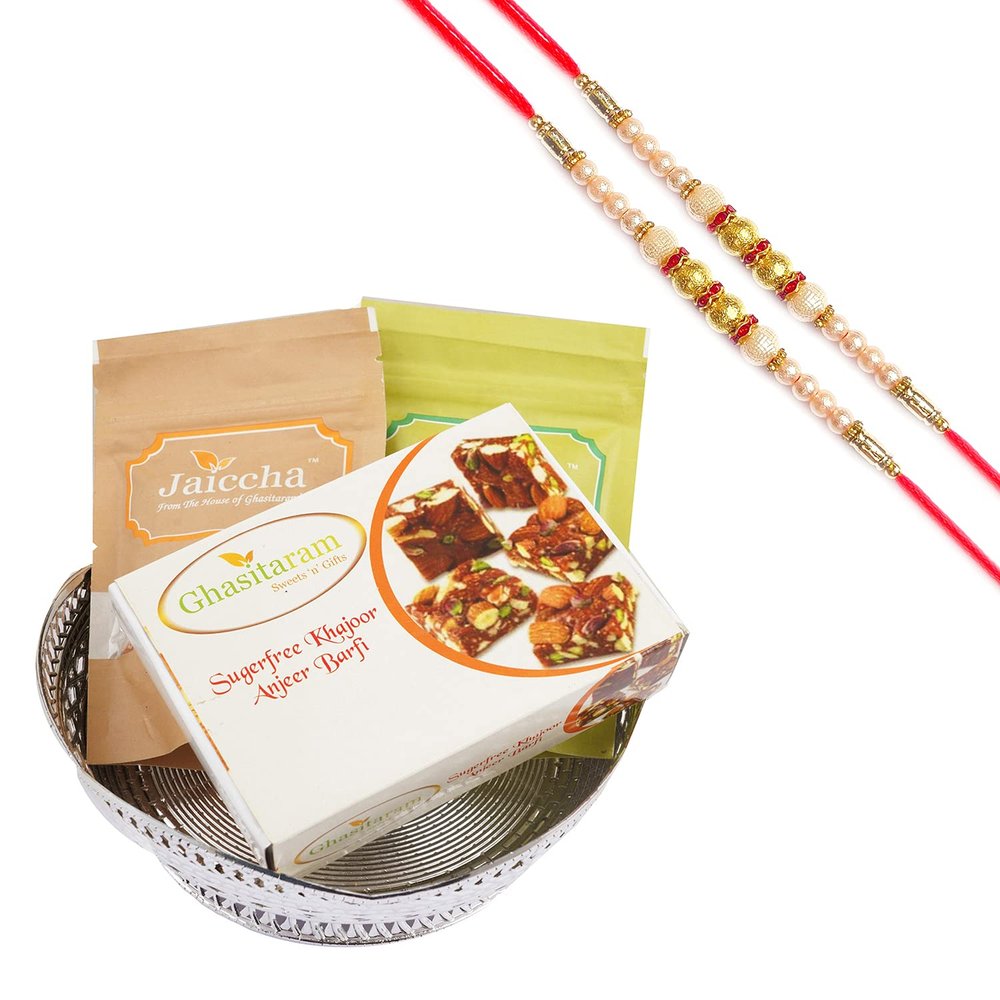 Ghasitaram Gifts Rakhi Gifts for Brothers Round Silver Basket with Almonds, Raisins and Sugarfree Bites with 2 Pearl Rakhis