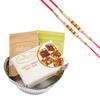 Ghasitaram Gifts Rakhi Gifts for Brothers Round Silver Basket with Almonds, Raisins and Sugarfree Bites with 2 Pearl Rakhis view 1