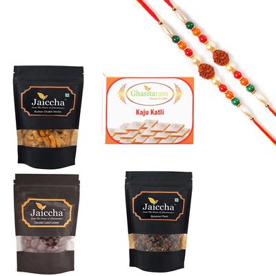 Ghasitaram Gifts Rakhi Gifts for Brothers Best of 4 Kaju Katli, Butter Chakli Sticks, Banarsi Flavoured and Chocolate Coated Almonds with 2 Rudraksh Rakhis