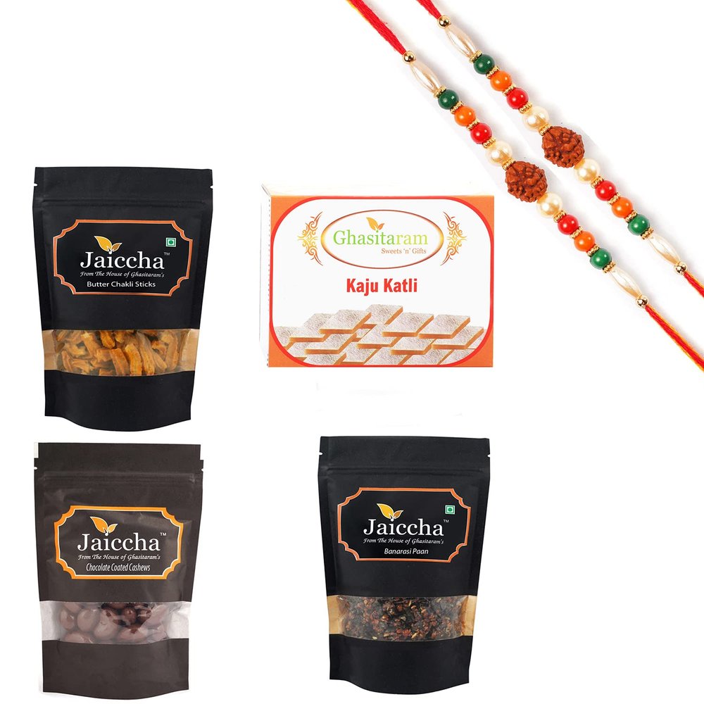Ghasitaram Gifts Rakhi Gifts for Brothers Best of 4 Kaju Katli, Butter Chakli Sticks, Banarsi Flavoured and Chocolate Coated Almonds with 2 Rudraksh Rakhis