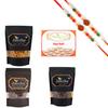 Ghasitaram Gifts Rakhi Gifts for Brothers Best of 4 Kaju Katli, Butter Chakli Sticks, Banarsi Flavoured and Chocolate Coated Almonds with 2 Rudraksh Rakhis view 1