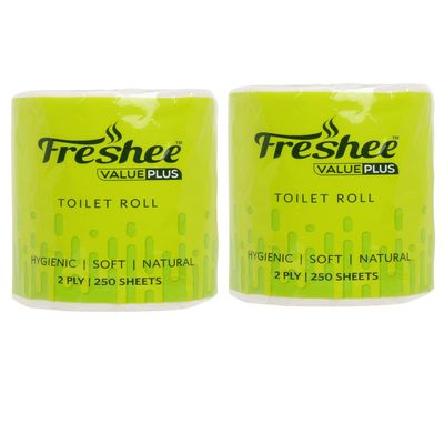 Freshee 2 Ply Toilet Tissue Paper Roll, 100gm Disposable Tissue Roll with 250 Sheets x 2 Pack, Soft, Hygienic from 100% Virgin Fibre