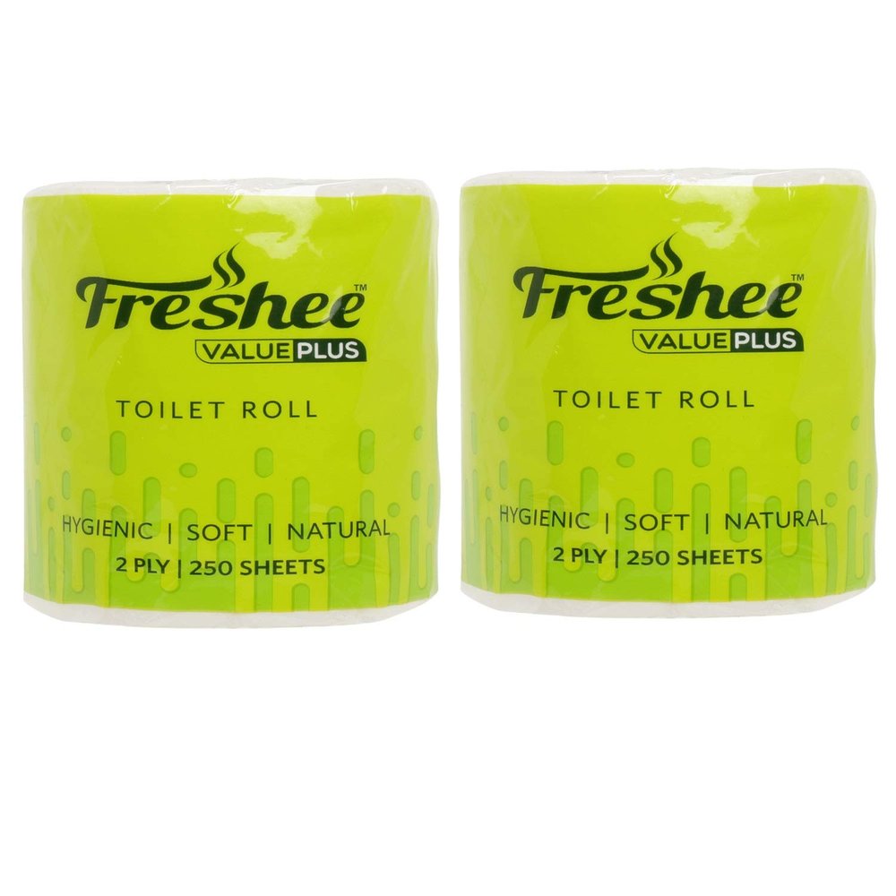 Freshee 2 Ply Toilet Tissue Paper Roll, 100gm Disposable Tissue Roll with 250 Sheets x 2 Pack, Soft, Hygienic from 100% Virgin Fibre