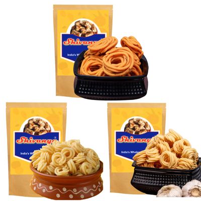 Shivanya Mart Chakli House 3 In1 | Garlic Chilli Murukku | Garlic White Murukku | Coconut Milk Murukku (Chakli) | Tea/Coffee Time Delicious Snacks - 3 Pack