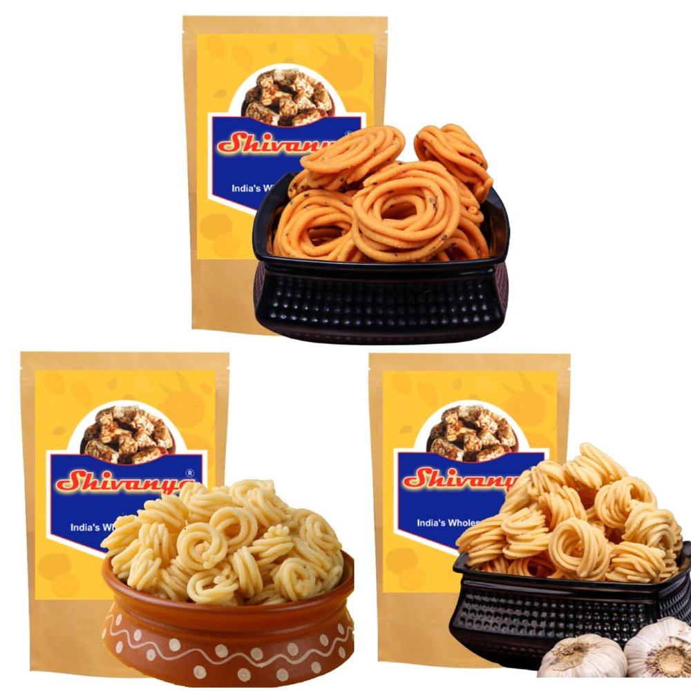 Shivanya Mart Chakli House 3 In1 | Garlic Chilli Murukku | Garlic White Murukku | Coconut Milk Murukku (Chakli) | Tea/Coffee Time Delicious Snacks - 3 Pack