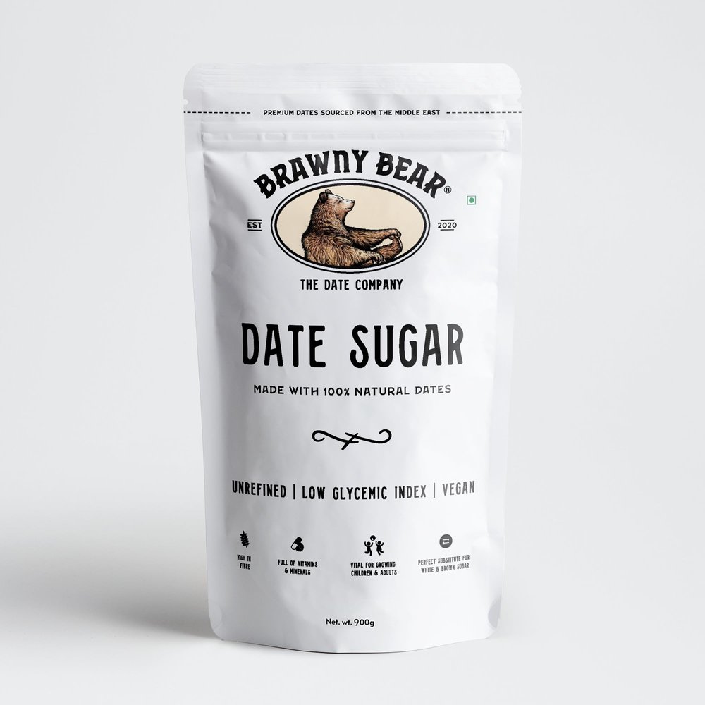 Brawny Bear Date Powder, Date Sugar, Healthy Sugar Substitute for White & Brown Sugar, Nutrient Rich Natural Sweetener, Vegan, Unrefined, 100% Arabian Dates 900 Gm