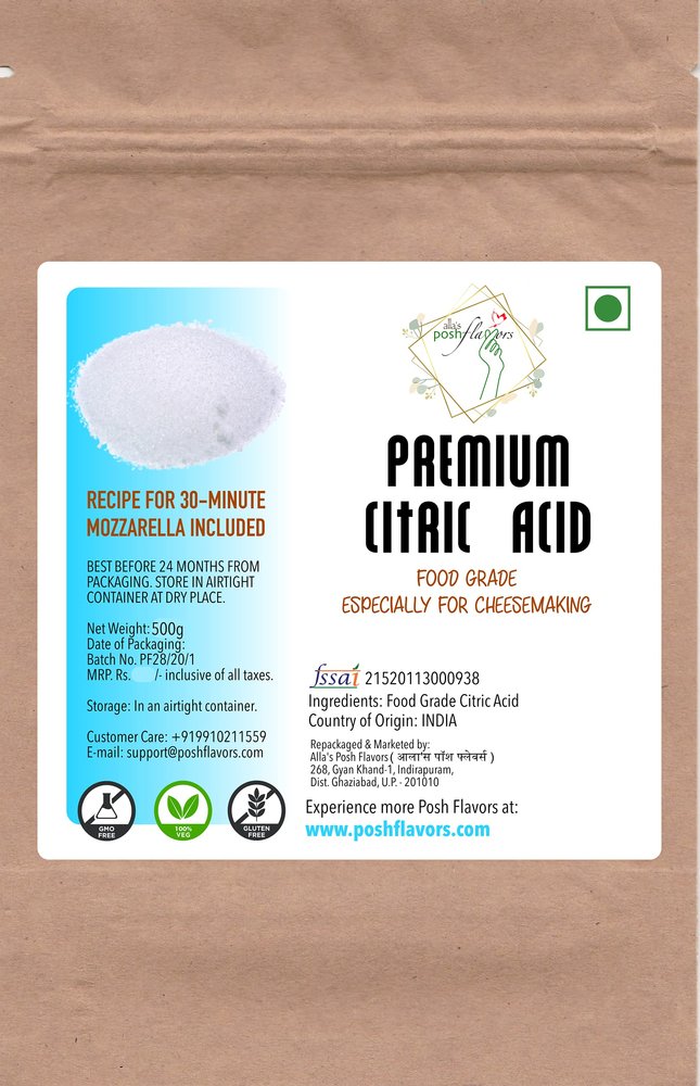 Alla's Posh Flavors Cheesemaking Citric Acid Crystals | Used to make Quick Mozzarella, Ricotta etc. cheeses | Quick Mozzarella Recipe Included (500 Grams Pack)