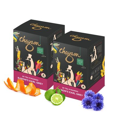CHAYAM Baron's Earl Grey Tea Bags with Citrusy Orange Peel & Blue Corn Flower | 20 Tea Bags, Pack of 2 | 100% Natural Bergamot Oil | Whole Leaf Assam Orthodox Black Tea | Make Hot or Iced Tea