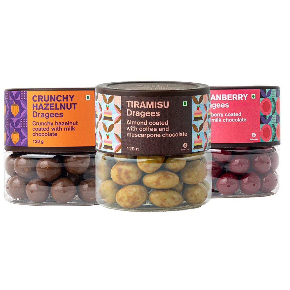 Entisi Premium Chocolate Coated Crunchy Hazelnut, Tiramisu & Cranberry Dragees Jar - (120g Each, Pack of 3)