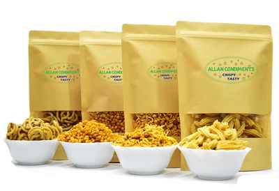 ALLAN CONDIMENTS Special South Indian Namkeen And Murukku Box | Special Mixture,Mysuru Murukku,Kara Boondi,Ari Muruku| crunchy snacks | Pack Of 4 (Each Pack Contains 250 Grams)
