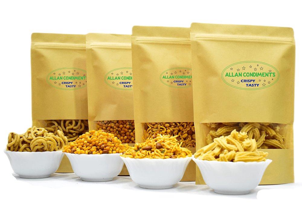 ALLAN CONDIMENTS Special South Indian Namkeen And Murukku Box | Special Mixture,Mysuru Murukku,Kara Boondi,Ari Muruku| crunchy snacks | Pack Of 4 (Each Pack Contains 250 Grams)