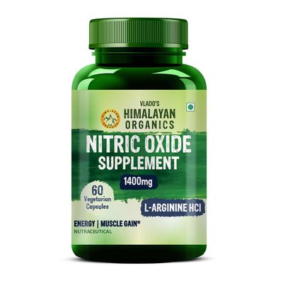 Vlados Himalayan Organics Nitric Oxide 1400mg With L-Arginine HCI Caffeine Supplement | Good For Muscle Growth, Stamina, Recovery, Immune Booster & Energy- 60 Veg Capsules