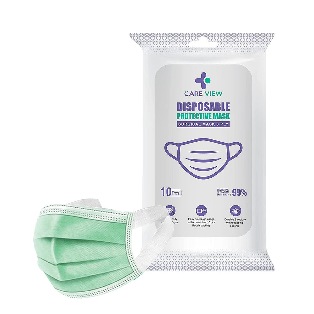 Careview 3 Ply Disposable Surgical Face Mask Pouch with Soft Fabric Earloop & Built in Nose Pin, Certified by BFE>99% & PFE > 95%, SITRA, DRDO, ISO & CE (Pack of 50, Green, Without Valve)