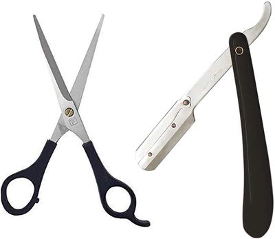 Glam Goddess Hair Cutting Scissor For Moustache Trimming Beard Trimming And Black Razor Ustra Stainless Steel Straight Edge Barber Razor For Men