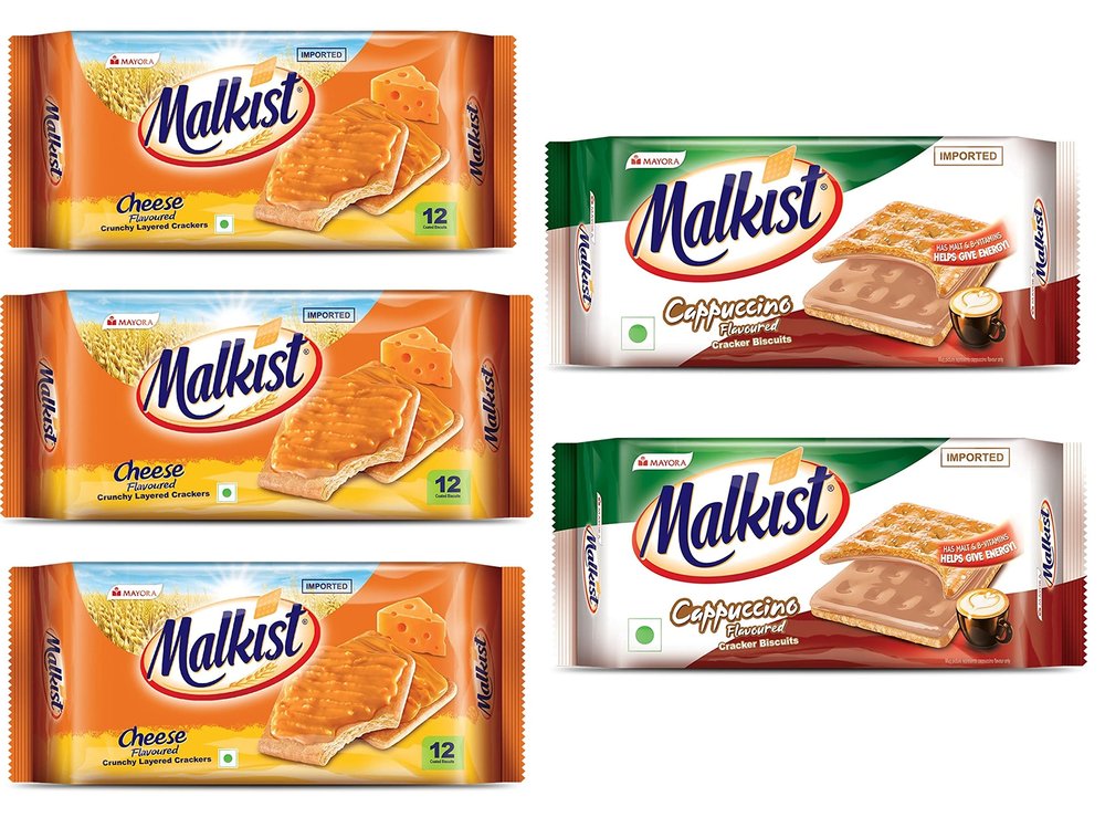 Malkist Cheese and Cappuccino 2 Flavored Crunchy Crackers Biscuits 138gm (12 Piece Per Pack) (Pack of 5)
