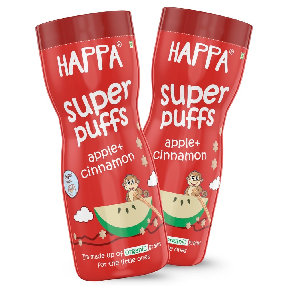Happa Apple Cinnamon Baby Puffs | Melt-in-the-Mouth Finger Food for Babies | Supports Self-Feeding & Baby-Led Weaning | No Artificial Flavours or Colours | Stage 2 (8 Months+) | Pack of 2 (40g Each)