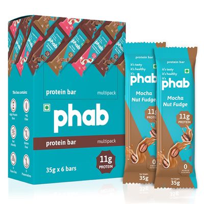 Phab Mocha Nut Fudge 11G Protein Bars (Pack Of 6),No Preservatives,100% Veg,No Added Sugar Gluten-Free Protein Bar For Energy,Fitness & Immunity With Goodness Of Dates & Coffee Powder-210 Gram