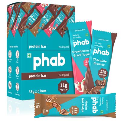 Phab Assorted Protein Bars (Chocolate, Mocha, Strawberry) 11g Protein, No Added Sugar | High Fibre, Trans Fat-Free & No Preservatives | Diabetic Friendly |Healthy & Tasty | GMO Free (Pack of 6 x 35g)