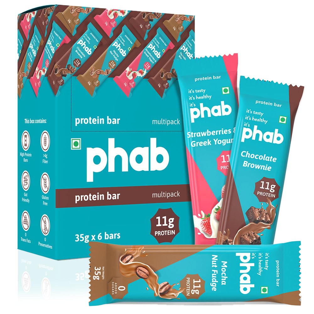 Phab Assorted Protein Bars (Chocolate, Mocha, Strawberry) 11g Protein, No Added Sugar | High Fibre, Trans Fat-Free & No Preservatives | Diabetic Friendly |Healthy & Tasty | GMO Free (Pack of 6 x 35g)
