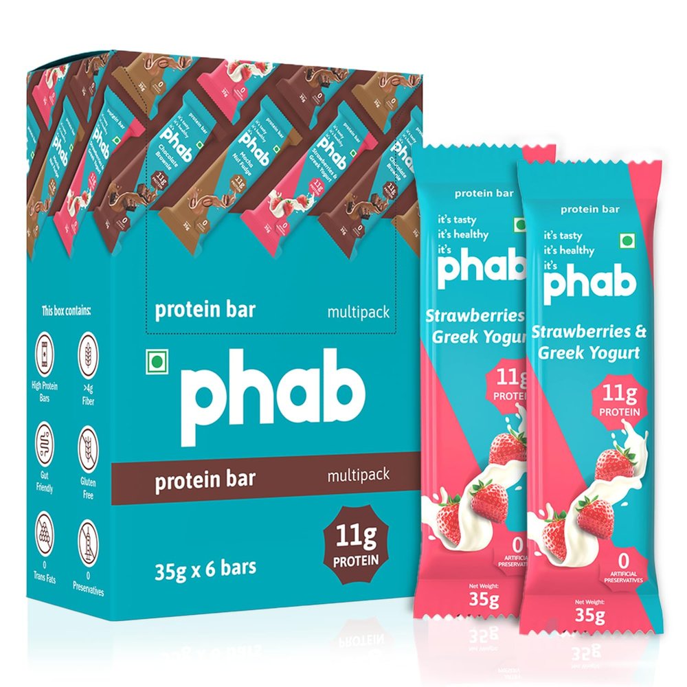 Phab Strawberries & Greek Yogurt Protein Bars with 11g Protein,No Added Sugar | High Fibre, No Trans Fat & No Preservatives | Diabetic Friendly | Healthy & Tasty | GMO Free (Pack of 6x 35g)