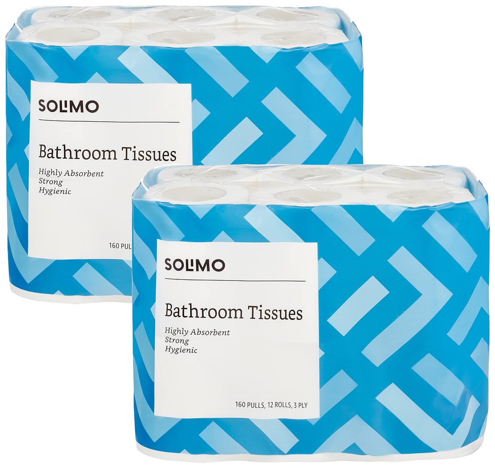 Amazon Brand - Solimo 3 Ply Toilet Paper Roll | 3840 Pulls | 160 Pulls X 24 Rolls | Soft and Highly Absorbent | 100% Natural Virgin Cellulose Fiber