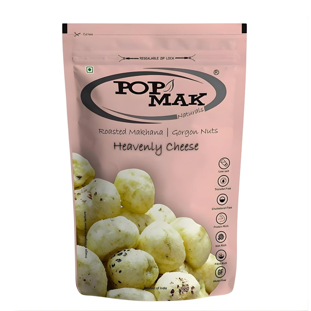 Popmak Makhana (Heavenly Cheese, 55gm) | Roasted Makhana| Gorgon Nuts | Fox Nuts for Healthy Snacking | All Natural ingredients | Resealable Packaging | Sugar Free | Flavored Makhana - Perfect for guilt-free snacking!