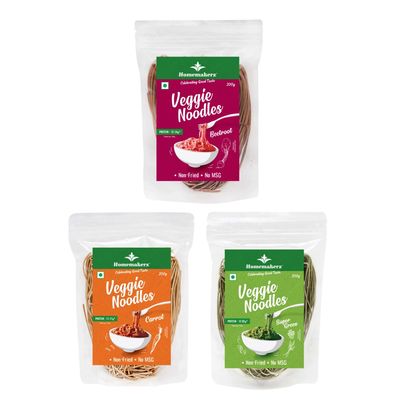 Homemakerz Carrot, Beetroot & Super Green Hakka Noodles, Natural, Preservative & Fat Free, Not Fried & No Oil, Healthy & Tasty Hakka Vegetable Noodles (Pack of 3, 200g Each)