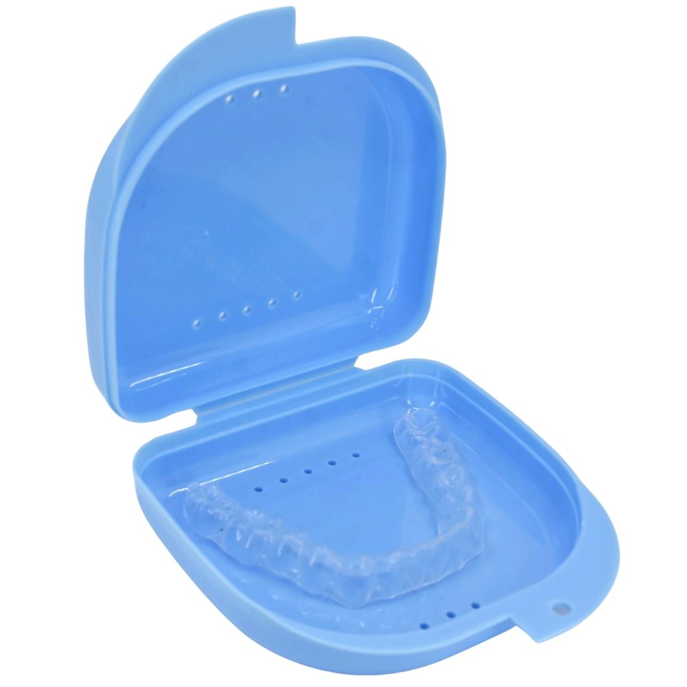 Genco Dental Denture Case, Denture Box with Strainer, Night Cleaner Denture Bath Box for Retainer, Mouthguard, False Teeth, and Denture Cleaning (Blue)