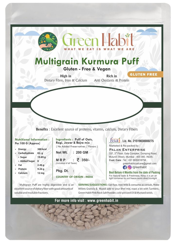 Greenhabit Multi-Grain KURMURA MURMURA(Oats,Jowar,Ragi & Bajra) aka Multi grain Puff for Healthy Breakfast Snack Food (200gm Pack of 1)