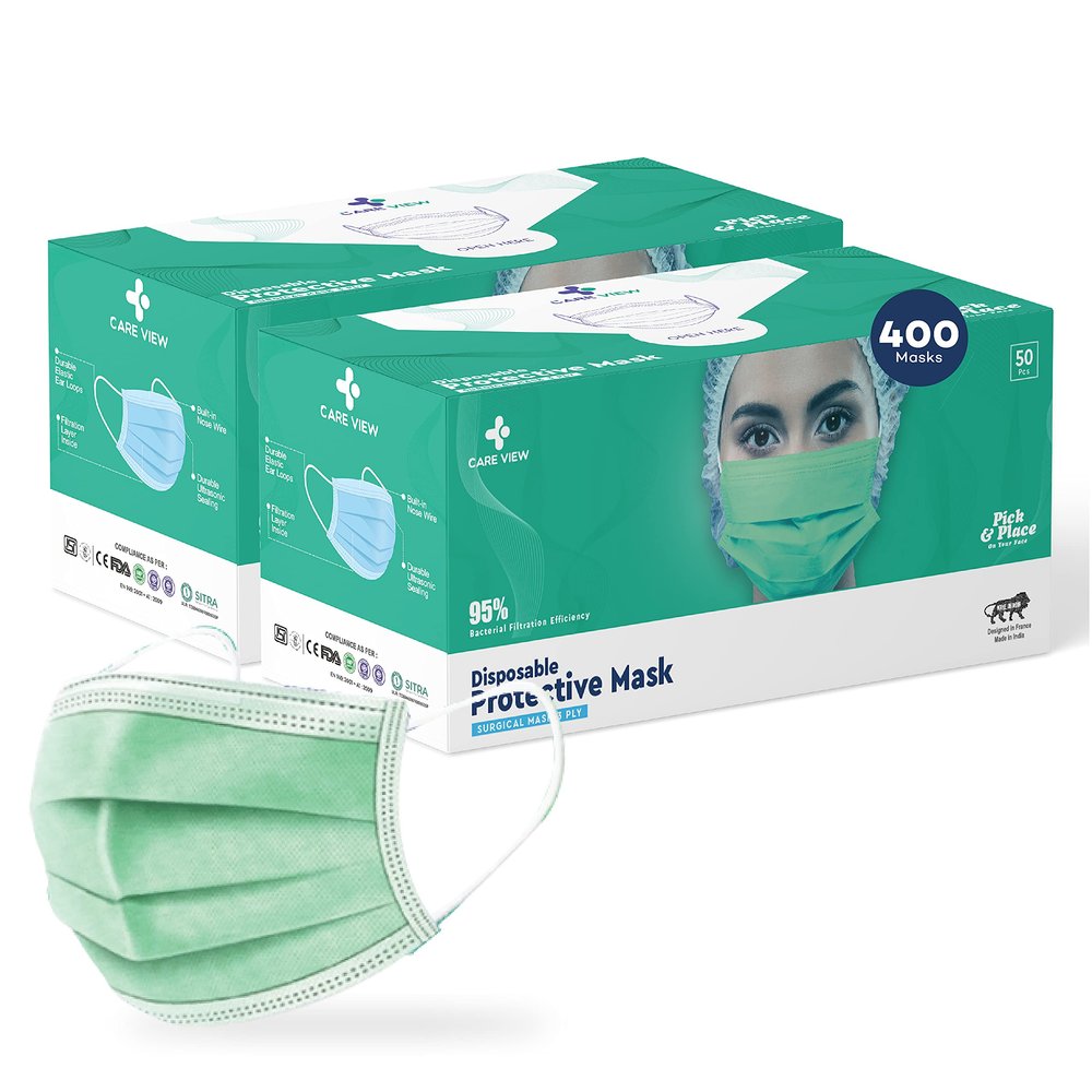 Medohealthy 3 Ply Disposable Face Masks (Pack of 400,Green) with nose pin BIS, (ISI) Certified mask with Melt blown layer