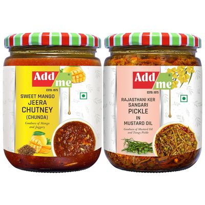 Add me tenti Kair sangri panchkuta Pickle 500g & Sweet gujrati Chunda Pickle Sweet Mango Chutney 600g achar Without Oil Glass Pack, Rajasthani Delicacy ker sangri Pickles, Authentic Rajasthani Mixed Vegetable Pickles, Spicy & Tangy Flavor, 500g Jar, 