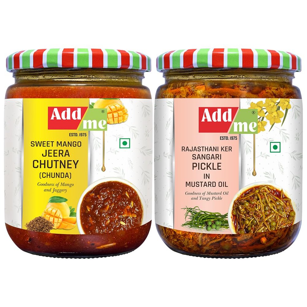 Add me tenti Kair sangri panchkuta Pickle 500g & Sweet gujrati Chunda Pickle Sweet Mango Chutney 600g achar Without Oil Glass Pack, Rajasthani Delicacy ker sangri Pickles, Authentic Rajasthani Mixed Vegetable Pickles, Spicy & Tangy Flavor, 500g Jar, 