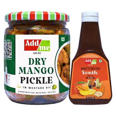 Add me Dry Mango Pickle 500g in Munsard Oil Glass Jar | Ghar Ka Bana Aam Ka Achar | Sweet Khatti Meethi Sonth Chutney 450g Ideal for Samosa, Pakora, Chaat Combo Pack