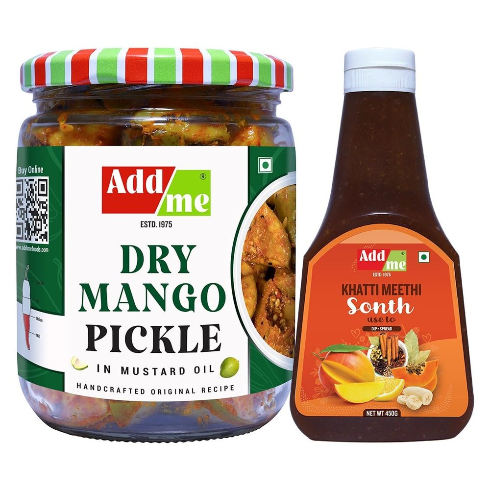 Add me Dry Mango Pickle 500g in Munsard Oil Glass Jar | Ghar Ka Bana Aam Ka Achar | Sweet Khatti Meethi Sonth Chutney 450g Ideal for Samosa, Pakora, Chaat Combo Pack